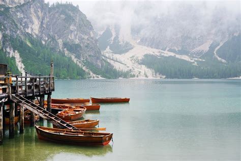 Summer Cloudy Day At Lago Di Braies Rainy Weather Stock Photo Image