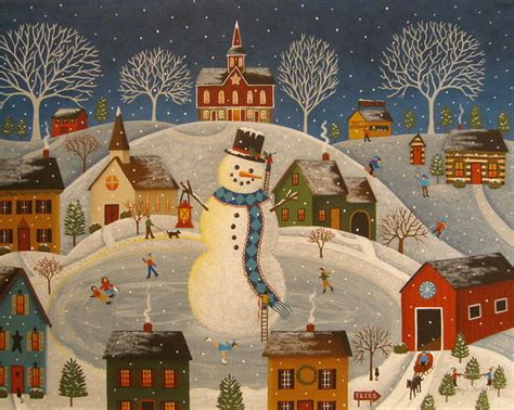 Village Snowman Art Print By Mary Charles Christmas Art Folk Art