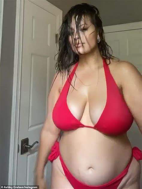 Ashley Graham Showcases Her Cleavage In A Red Bikini As She Dances And