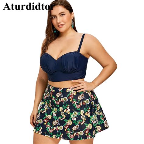 Plus Size Bikini With Skirt Floral Skirted Push Up Underwire Top Set