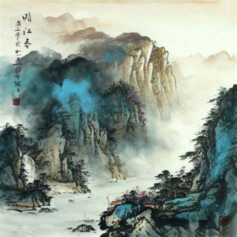 Beautiful Mountain Sweet Water Splash Color Landscape Chinese Ink Brush