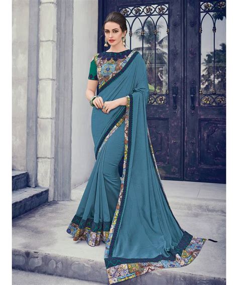 Blue Embroidered Silk Blend Saree With Blouse Indian Women Fashions