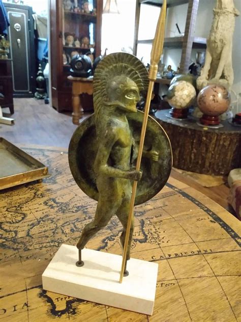Ancient Greek Spartan Warrior Statue Armed With Helmet Shield And Spear