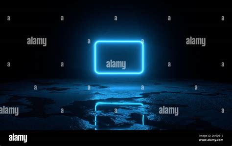 3d Abstract Background Render Blue Neon Frame Fly Over The Ground