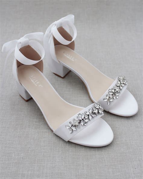 White Satin Block Heel Sandals With Floral Rhinestones On Upper Strap Bridal Shoes Low Heel