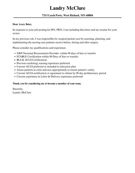 RN, PRN Cover Letter | Velvet Jobs