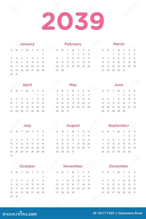 Annual Calendar For 2039 Stock Vector Illustration Of Pink 181177359