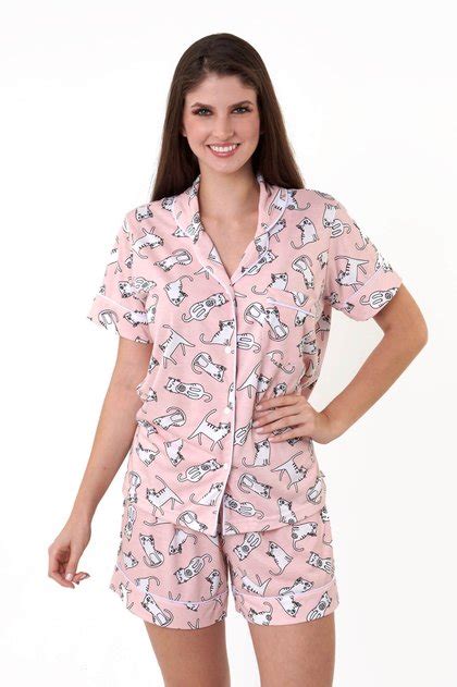 Pijama Americano Feminino Short Doll Curto Com Botões Fúcsia