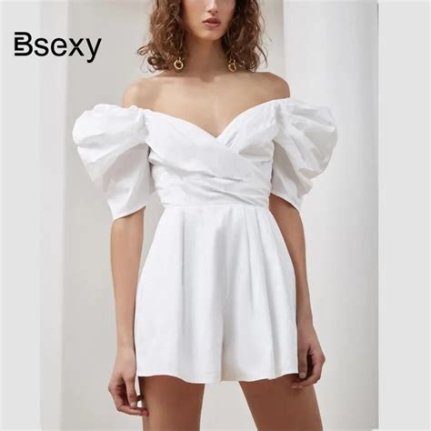 Buy Sexy White Women Bodysuits 2018 Summer Deep V Neck Puff Sleeve Backless