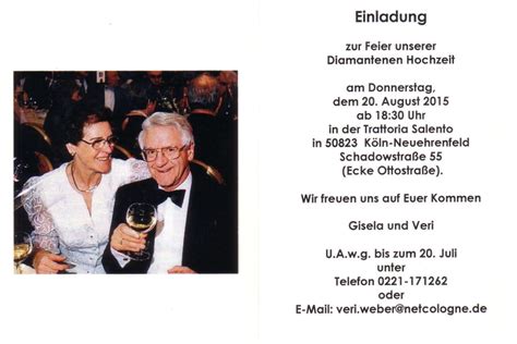 Einladungskarten diamantene hochzeit kostenlos ausdrucken. www.veriweber.de - Diamantene Hochzeit 20.08.15