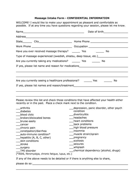 Free Massage Client Intake Form Template Free Printable Templates