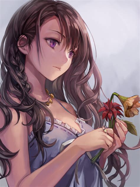 Anime girls who wear glasses. Brown-haired girl anime character holding a flower HD ...