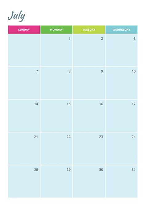 Free Printable Colorful Monthly Calendar Pdf Download