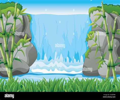 Vector Illustration Of Waterfall Landscape Background Stock Vector