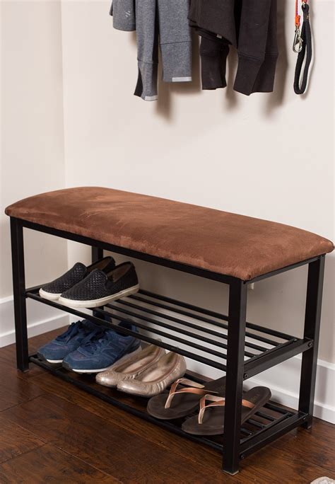 Birdrock Home Storage Shoe Rack Bench For Entryway Brown Cushion