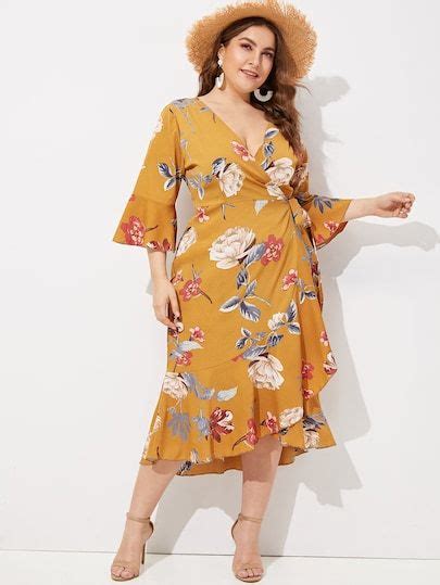 Plus Floral Print Ruffle Hem Wrap Dress With Images Plus Size Dresses Quarter Length Sleeve