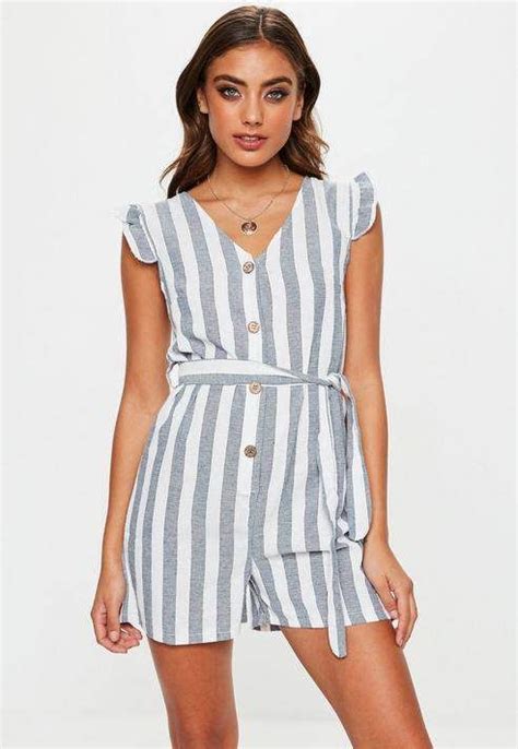 Missguided Blue Stripe Button Cotton Playsuit Casual Rompers Striped