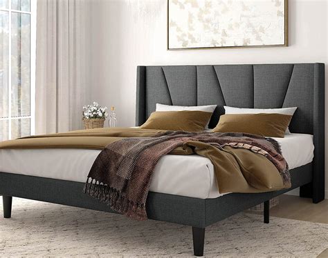 amolife queen size upholstered platform bed frame with wingback and geometric headboard dark grey