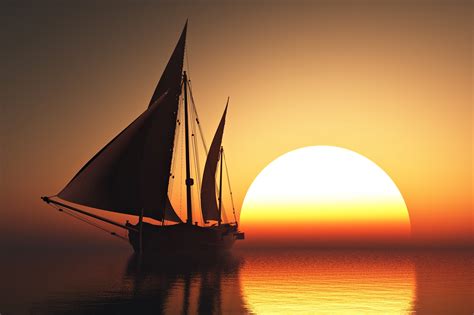 Sea Sunset Boat Sailing Sun Sky Orange Beauty