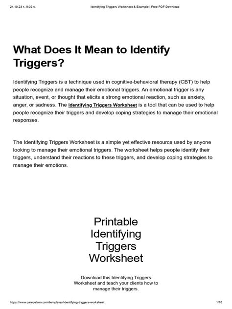 Identifying Triggers Worksheet And Example Pdf Emotions Cognitive Behavioral Therapy