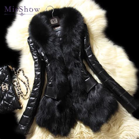 Misshow 2017 Winter Faux Fur Leather Women Black Jacket Fur Collar Coat Warm Fur Coat Outwear