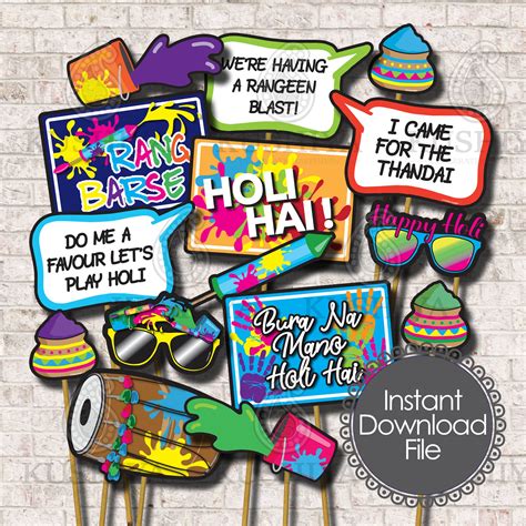 Holi Celebration Photo Booth Props Set Of 15 Rang Barse Etsy Uk