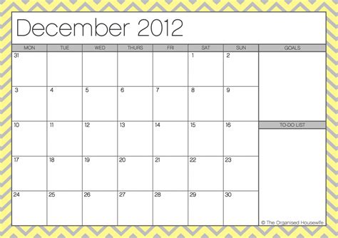 Free Printable December 2012 Calendar With To Do List The Organised