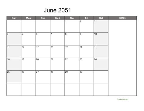 June 2051 Calendar With Notes