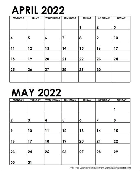 April May 2022 Calendar Monday Start Editable Two Months Template