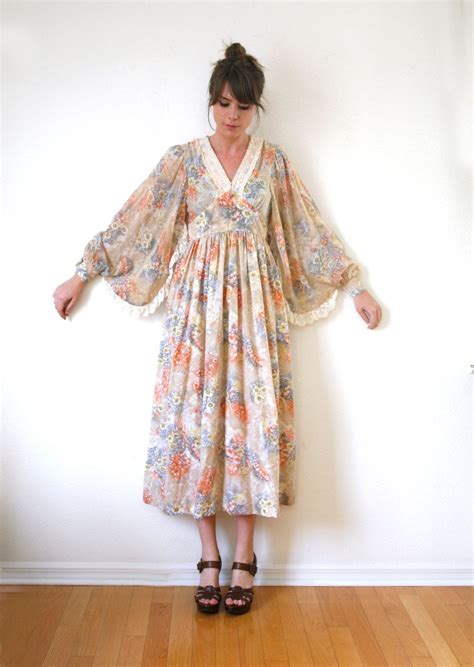 Vintage 70s Butterfly Sleeve Maxi Dress Empire By Vintagerebelle Lace