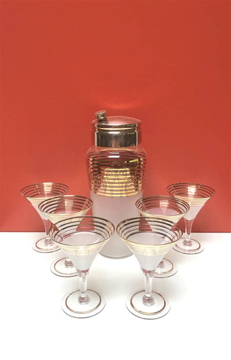 Mid Century Gold Stripe Cocktail Shaker And Martini Glasses Etsy Gold Stripes Perfect