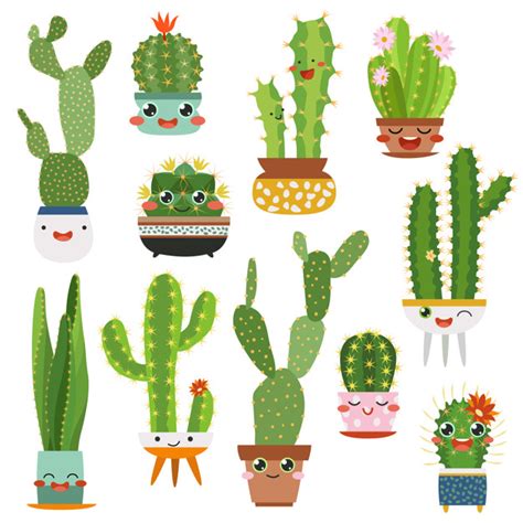 20 tipos de suculentas que traen armonía a cualquier espacio. Lindas macetas de cactus. dibujos animados de cara feliz ...