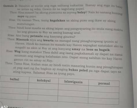 FilipinoGawain 2 Basahin At Suriin And Mga Salitang Nakaitim Ihanay