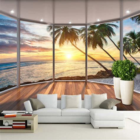Custom 3d Mural Wallpaper Window Seaside Landscape Sunrise Photo Wall