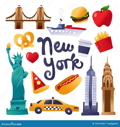 Super Cute New York Culture Icons Set Stock Illustration Illustration