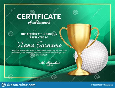 Golf Certificate Diploma With Golden Cup Vector Sport Award Inside
