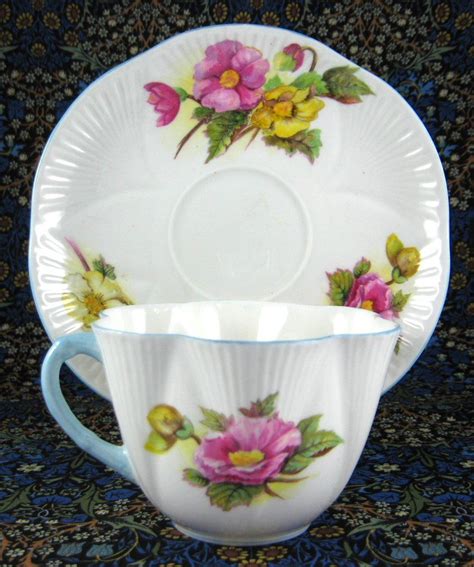 Shelley Begonia Cup And Saucer Dainty Shape Blue Trim 1950s Teacup