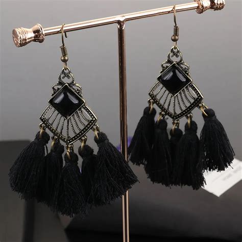 bohemian ethnic boho long cotton tassel earrings dangle drop fringed earring for women
