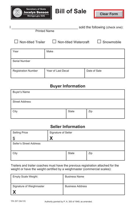 Free Michigan Car Bill Of Sale Template Fillable Forms