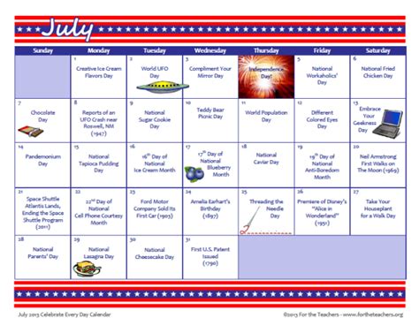 Reasons To Celebrate Every Day In July Calendar Classroom Freebies