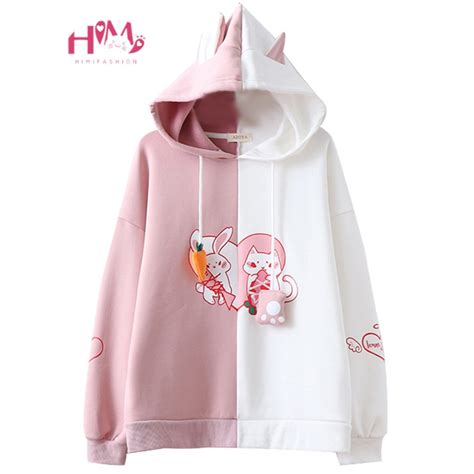 Kawaii Bunny Ear Women Hoodie Cute Rabbit Cat Lovely Sweatshirt Harajuku Soft Girls Anime Pink