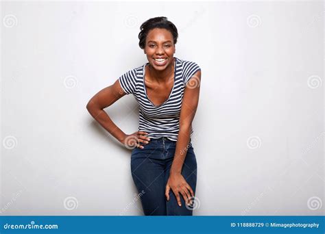 Beautiful Black Woman Standing And Laughing Leaning Forward Stock Image