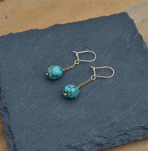 Antique Ct Gold Turquoise Earrings Blue Dangle Earrings Genuine