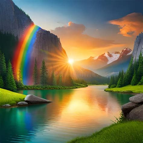 Nature Landscape Background Rainbow And Lake Stock Illustration