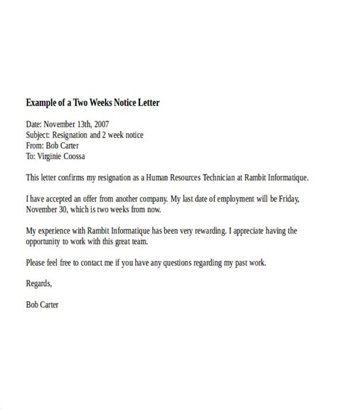 Examples Of Two Week Notice Letter