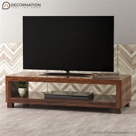 Leander Solid Wood Tv Table With Shelf Natural Finish Decornation