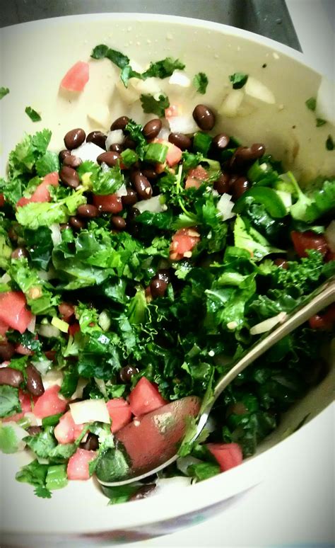 Burkey Salsa Salad Rinsed Black Beans Cilantro Kale Jalapeños Scallions Tomato Onion