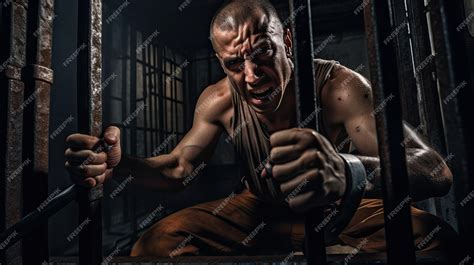 Premium Ai Image Aggressive Male Prisoner Holding Bars With Injured Hands