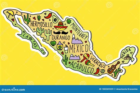 Adesivo Colorido Do Mapa Do México Desenhado à Mão Nomes De Cidades