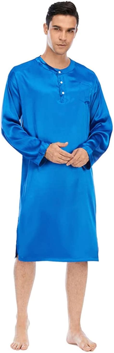 Mens Silky Satin Nightshirt Long Sleeve Solid Color Lightweight Pajamas
